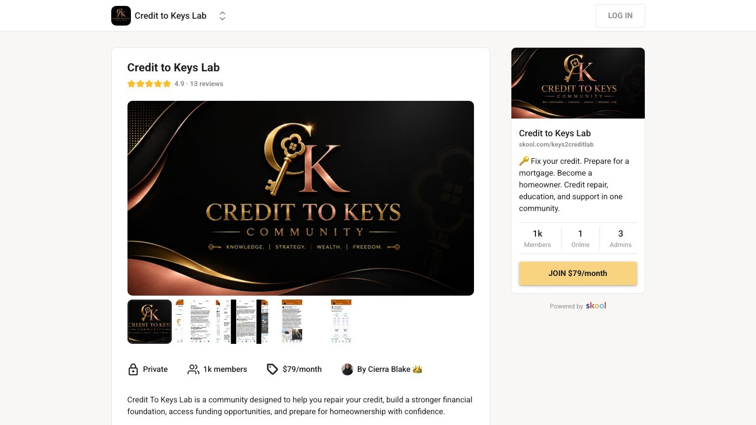 The Credit to Keys Lab About page on Skool showing the $79 monthly join button and the credit repair benefits list