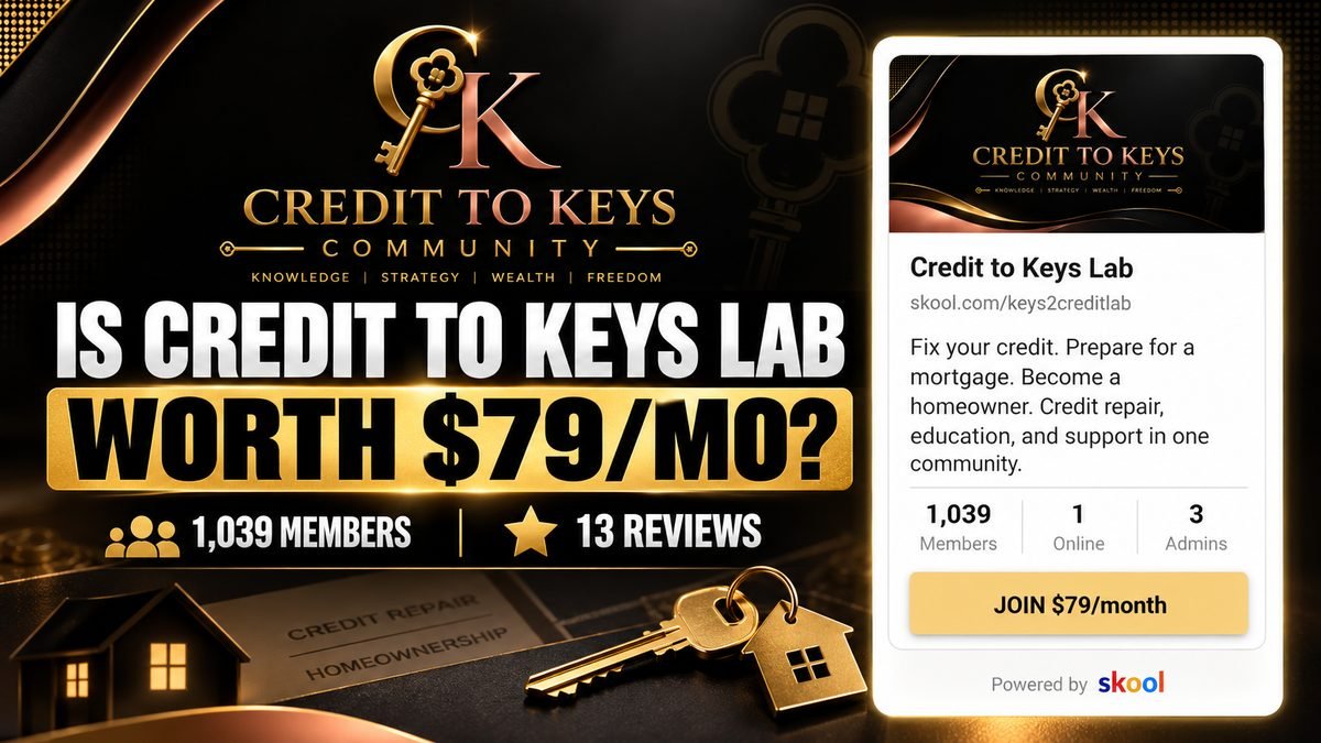Credit to Keys Lab Skool review 2026, Cierra Blake credit repair and homeownership community listing showing the $79 per month join button