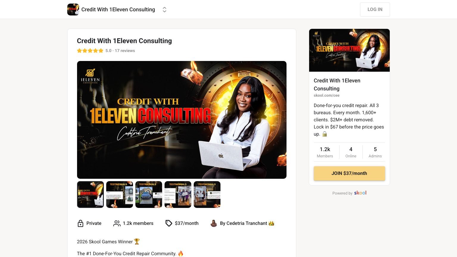 The Credit With 1Eleven Consulting About page on Skool showing the monthly join price