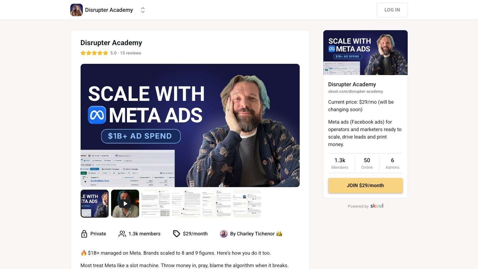 The Disrupter Academy About page on Skool showing the $29 monthly price and the note that the price will change