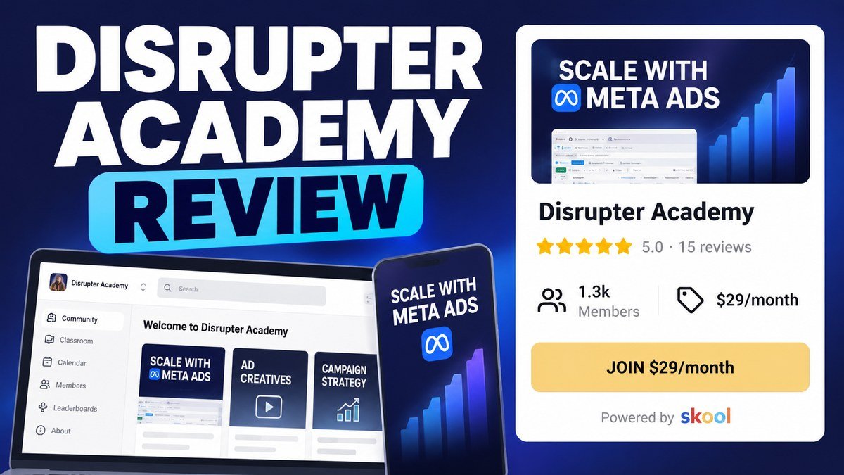 Disrupter Academy Skool review 2026, Charley Tichenor Meta ads community listed at $29 a month for 1,326 members