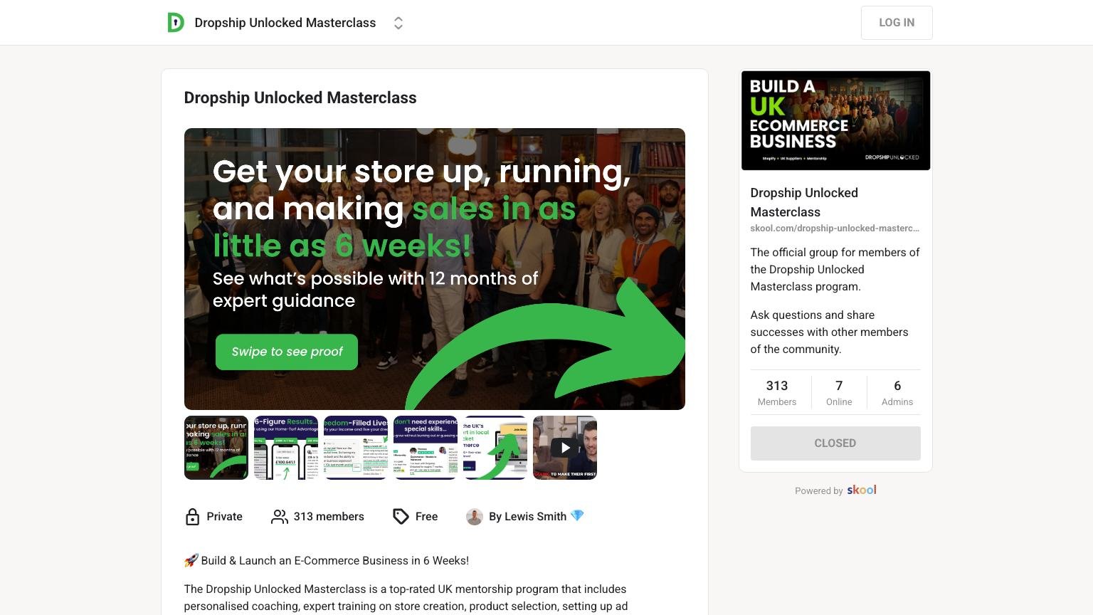 The Dropship Unlocked Masterclass About page on Skool showing no price, an application link and the member count