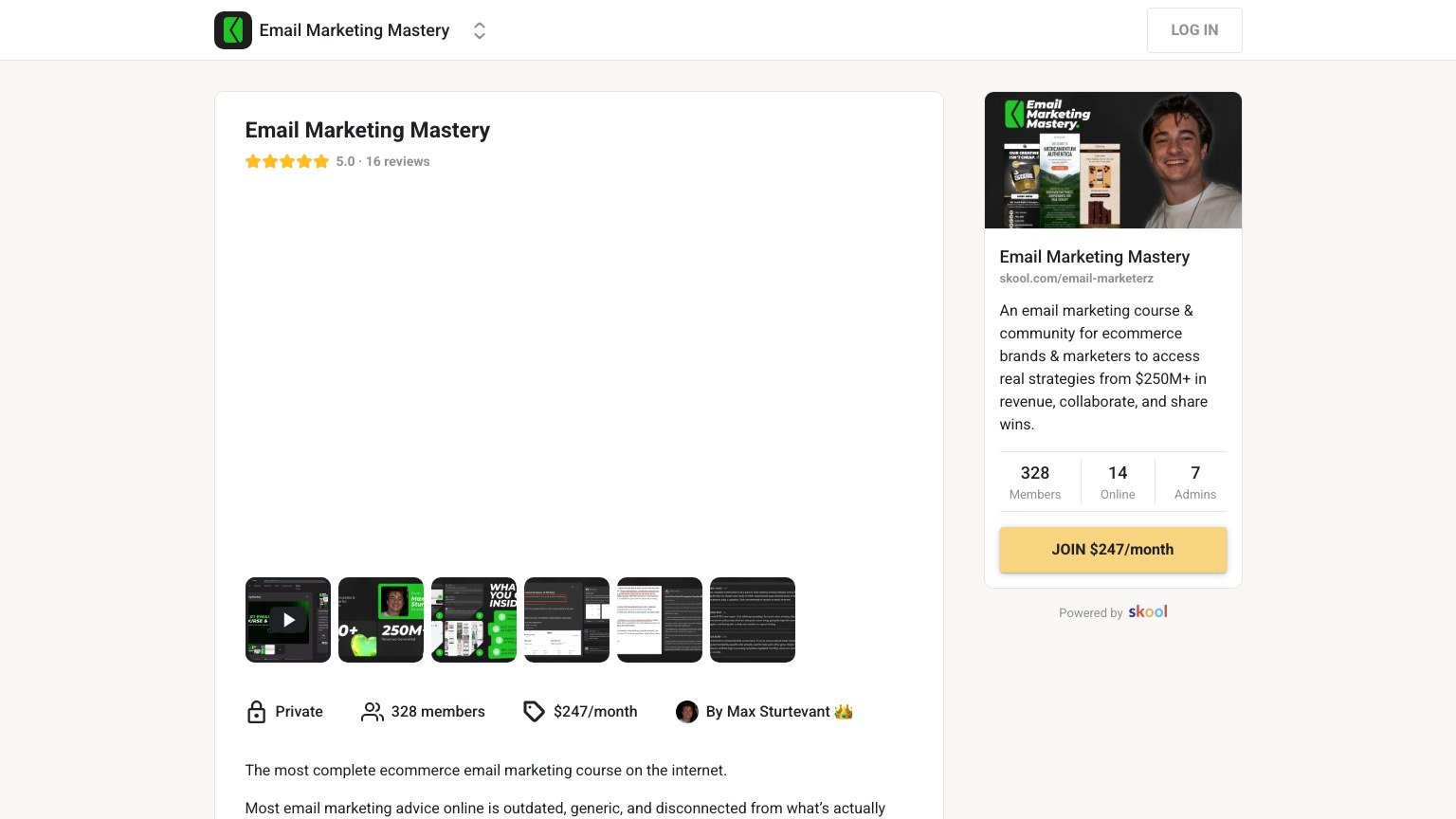 The Email Marketing Mastery About page on Skool showing the $247 monthly join button
