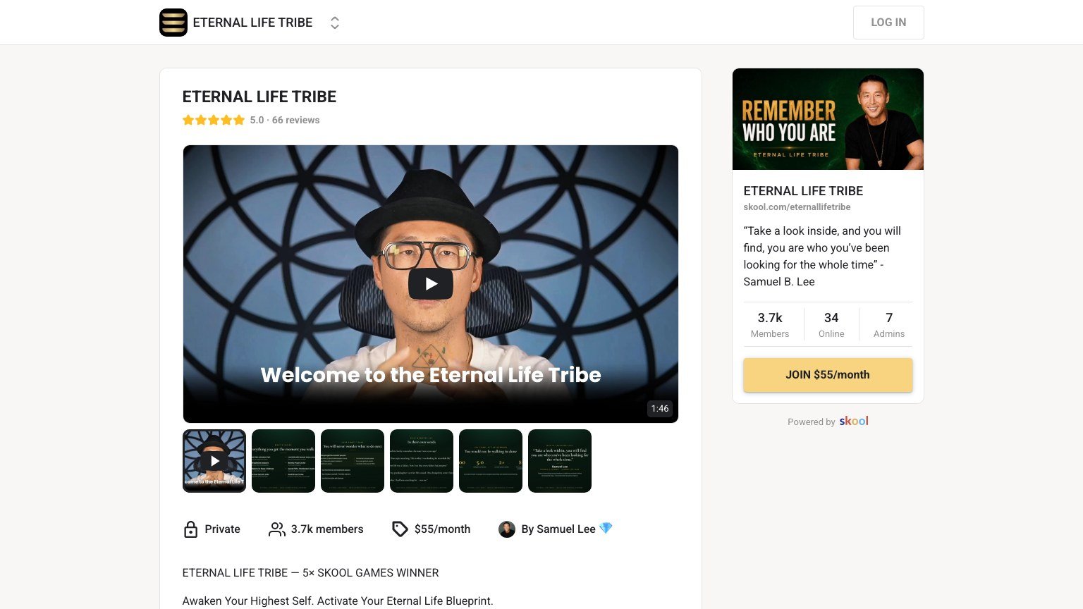 The ETERNAL LIFE TRIBE About page on Skool showing the $55 monthly price, member count and feature list