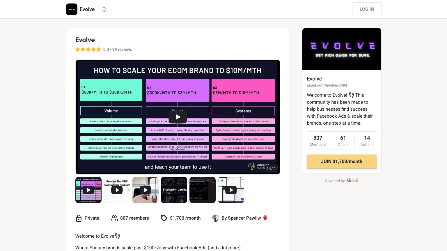 The Evolve About page on Skool showing member count, price and course library