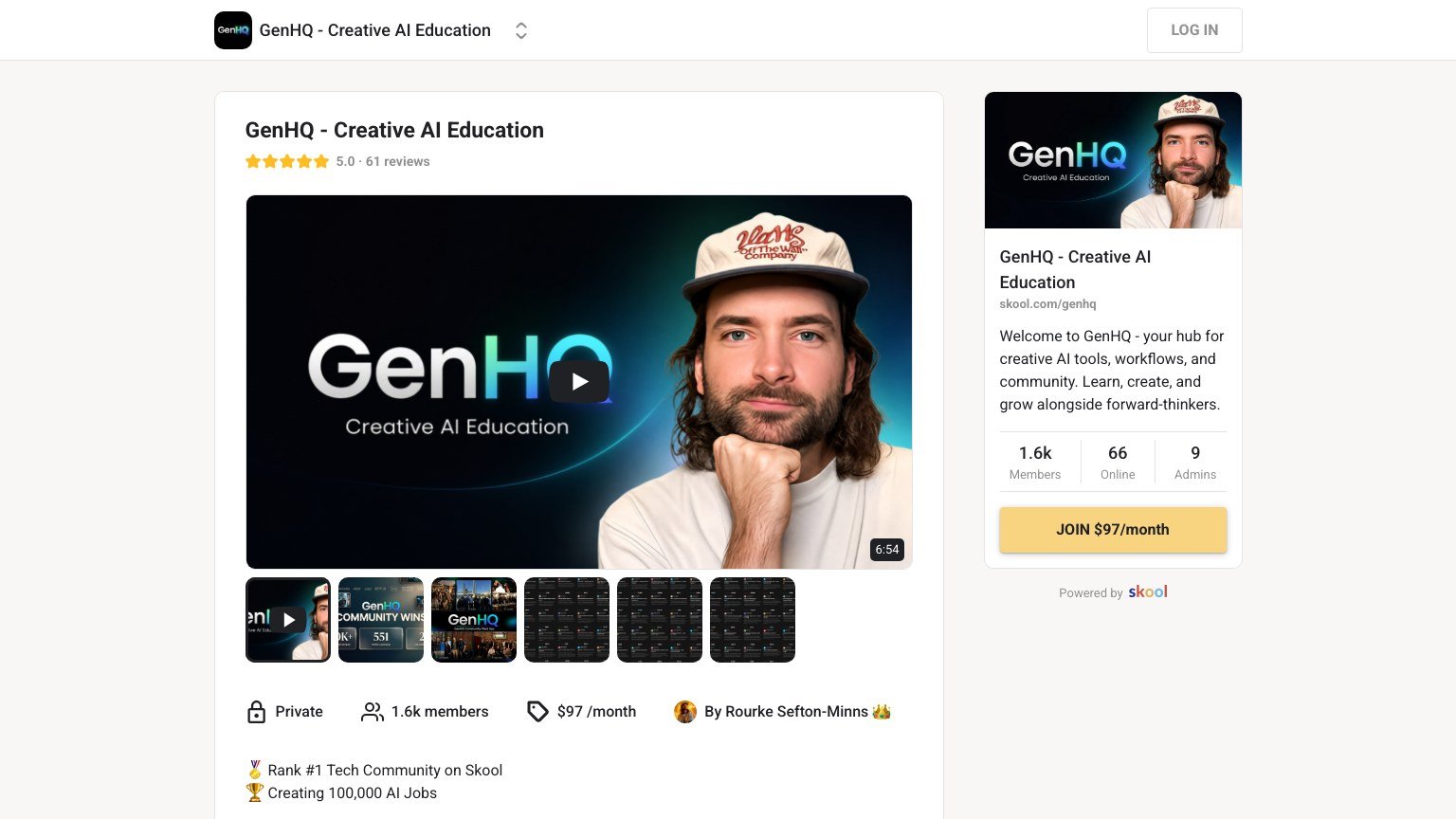 The GenHQ About page on Skool showing price, member count and founder