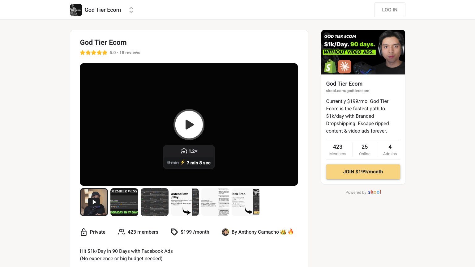 The God Tier Ecom About page on Skool showing the $199 monthly join button