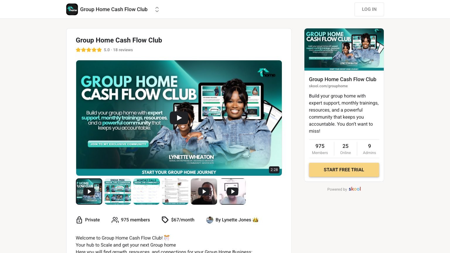 The Group Home Cash Flow Club About page on Skool showing the free trial button