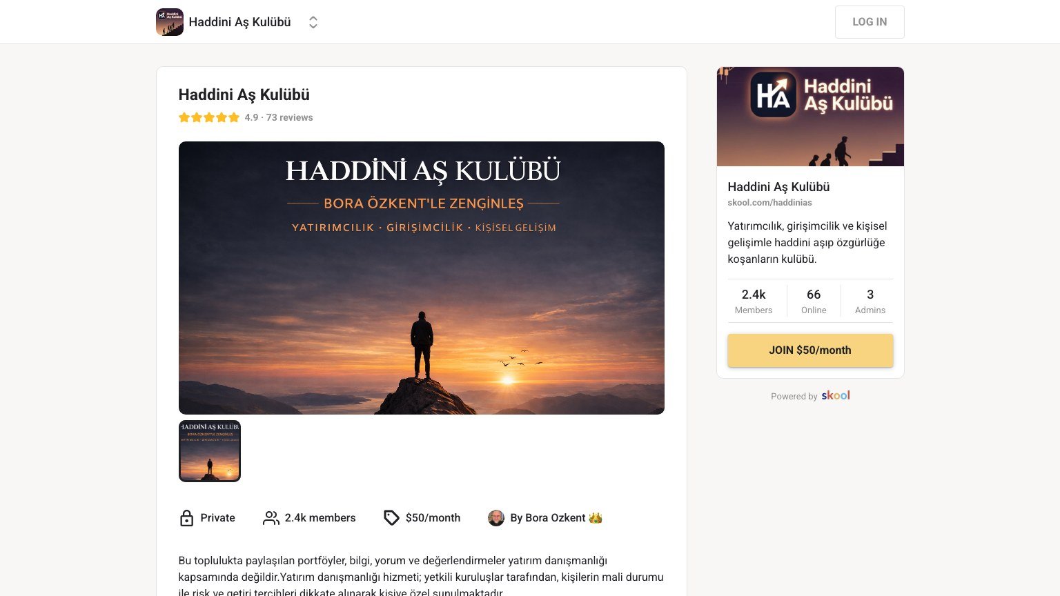 The Haddini As Kulubu About page on Skool showing the $50 monthly join button and the Turkish disclaimer