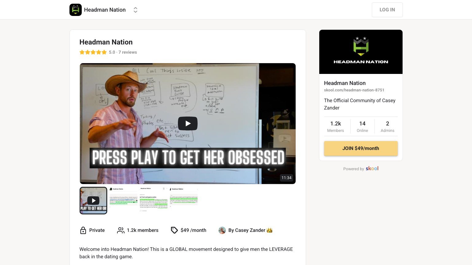 Headman Nation About page on Skool showing the $49 join button and 1,229 members