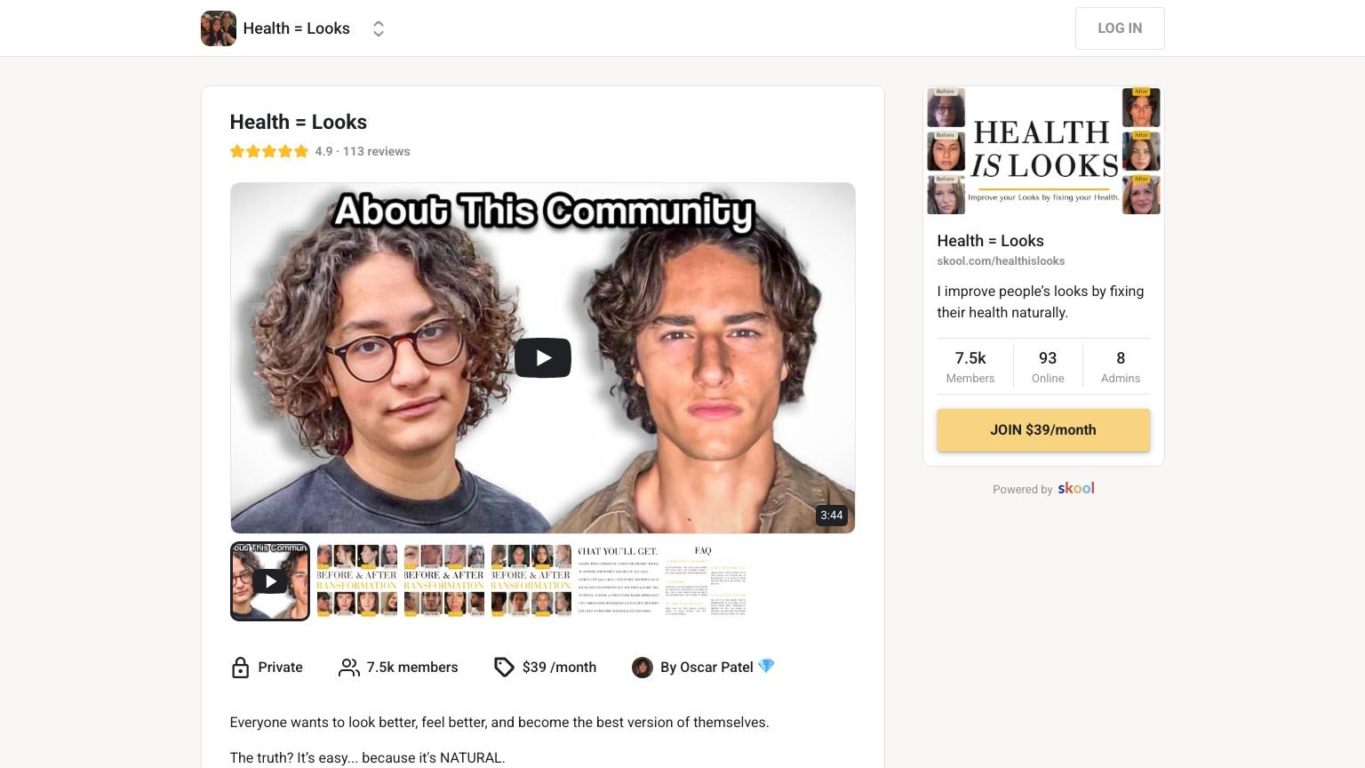 The Health = Looks About page on Skool showing the $39 monthly price and member count