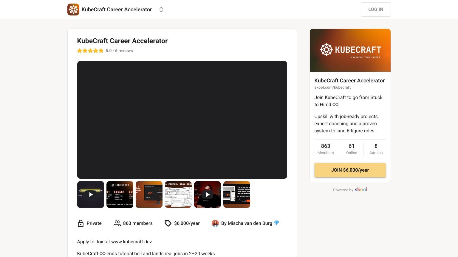 The KubeCraft About page on Skool showing price, member count and founder