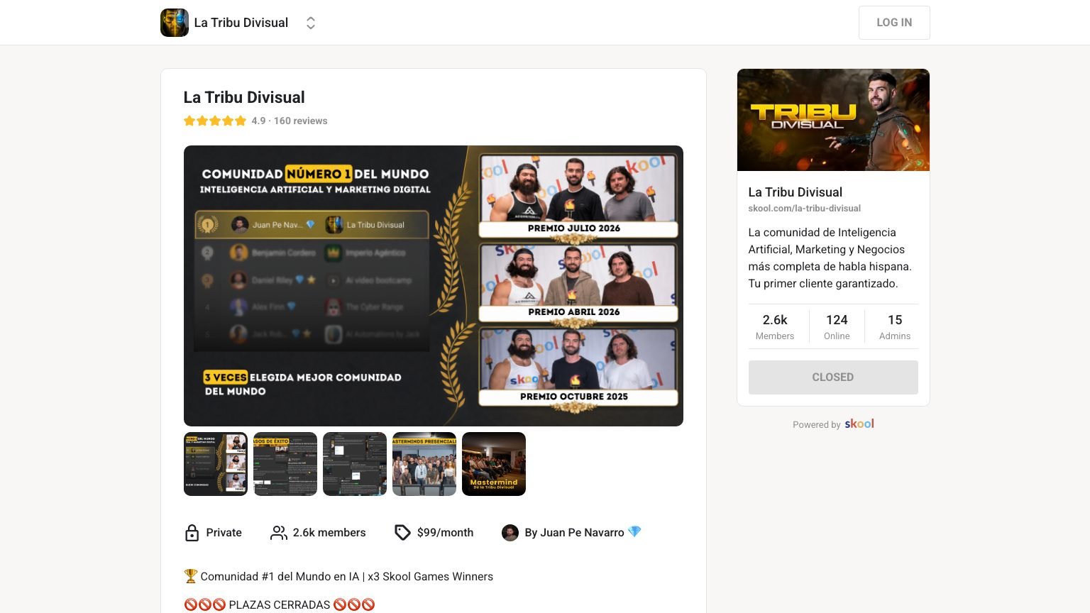 The La Tribu Divisual About page on Skool showing price, member count and founder