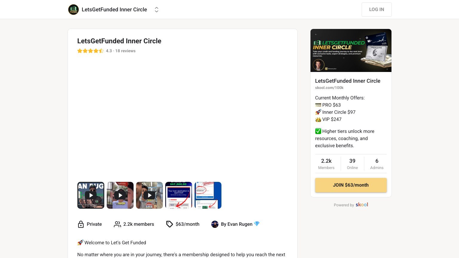 The LetsGetFunded Inner Circle About page on Skool showing three membership tiers and 2,275 members