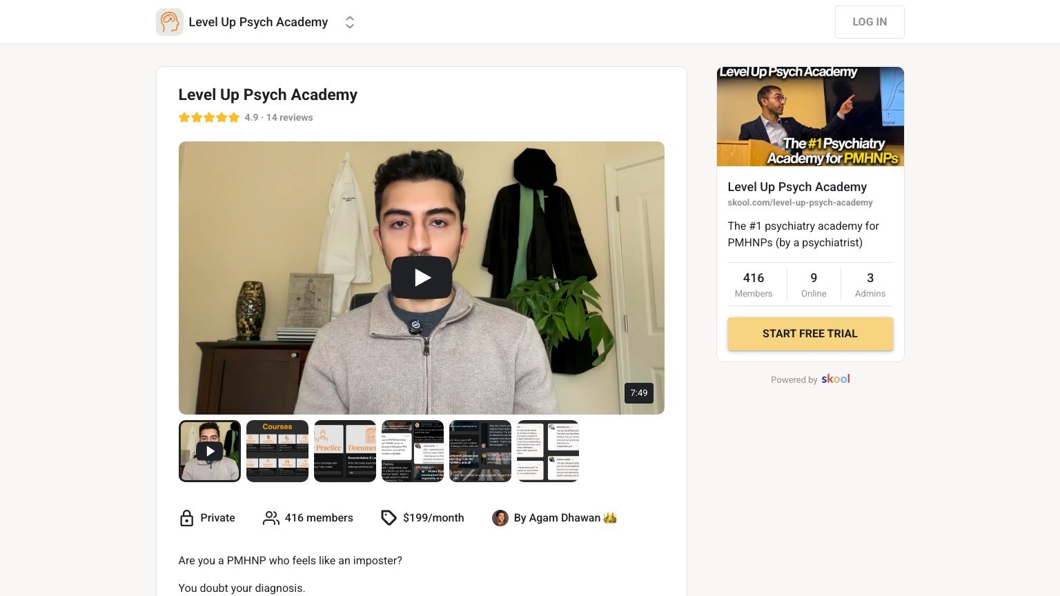 The Level Up Psych Academy About page on Skool showing 416 members and a free trial button