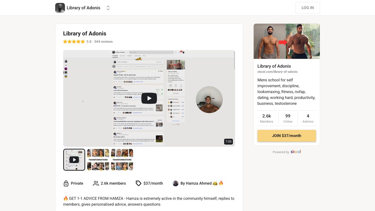 Library of Adonis About page on Skool showing the $37 monthly price and 2,620 members