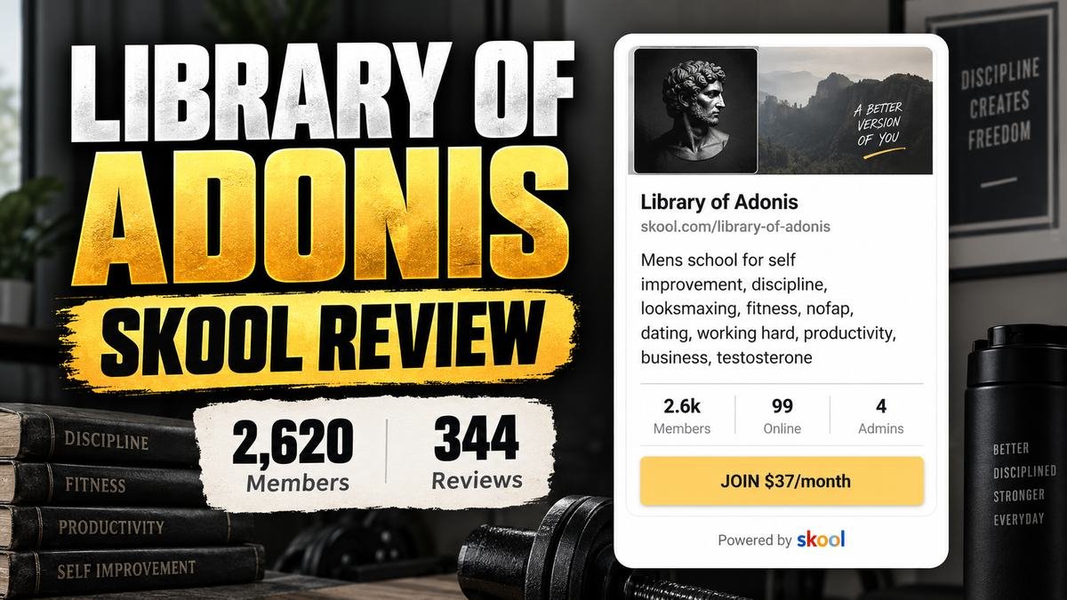 Library of Adonis Skool review 2026, Hamza Ahmed self-improvement community listed at $37 a month