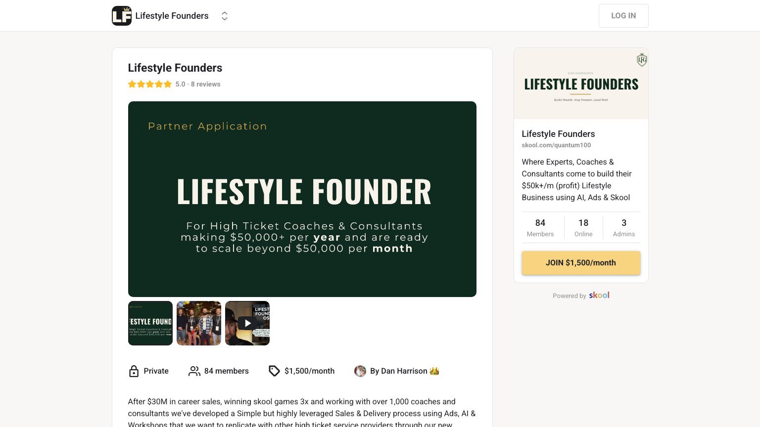 The Lifestyle Founders About page on Skool showing the $1,500 monthly price and the apply-by-phone instruction