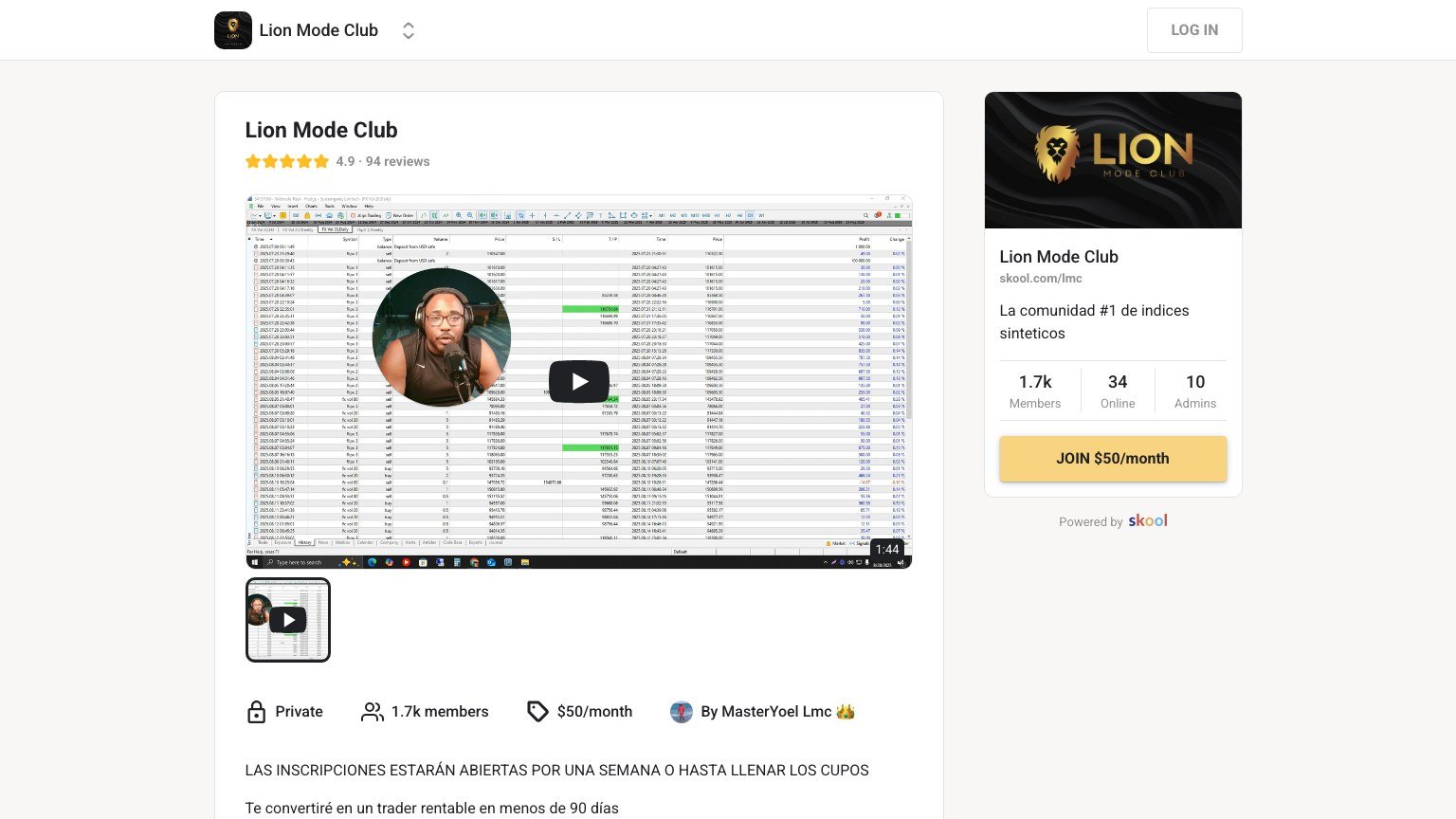 The Lion Mode Club About page on Skool showing the $50 monthly join button and member count