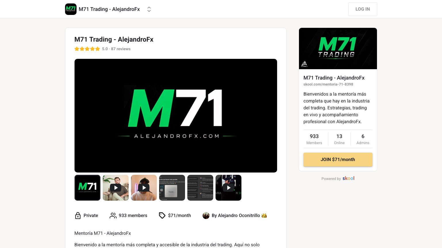 The M71 Trading About page on Skool showing the $71 monthly join button and the Spanish sales copy