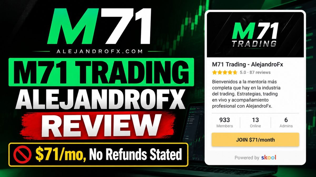 M71 Trading AlejandroFx Skool review 2026, Spanish language trading mentorship listing showing the $71 per month join button