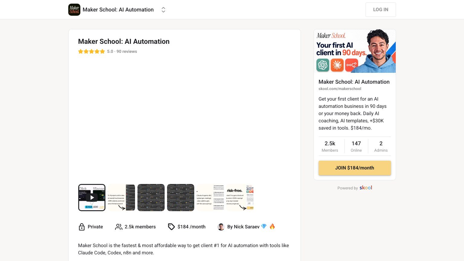 The Maker School About page on Skool showing the $184 monthly price and member count