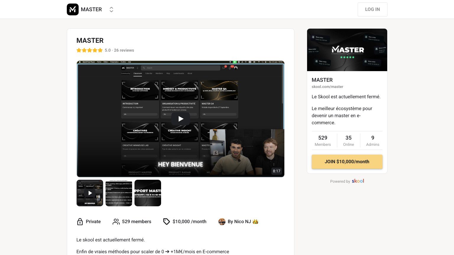 The MASTER About page on Skool showing the closed notice and the join button