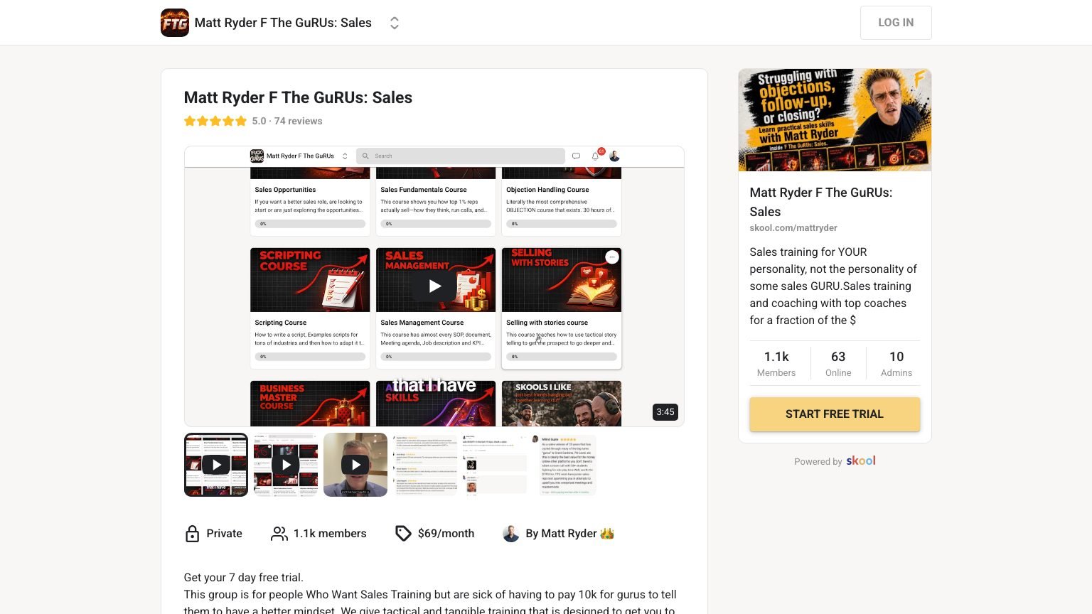 The F The GuRUs About page on Skool showing the $69 price and free trial button