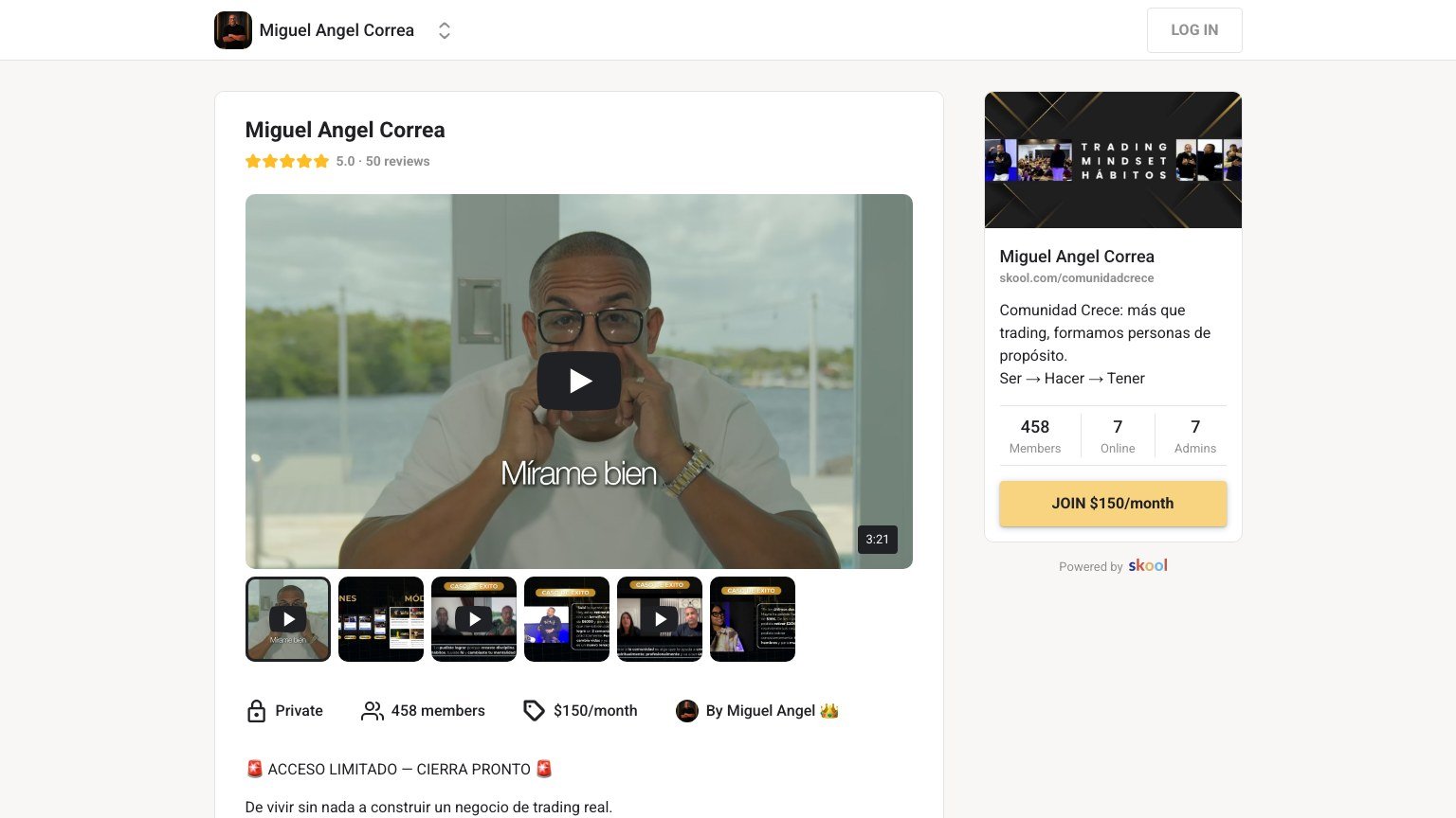 The Comunidad Crece About page on Skool showing 458 members and a $150 monthly join button