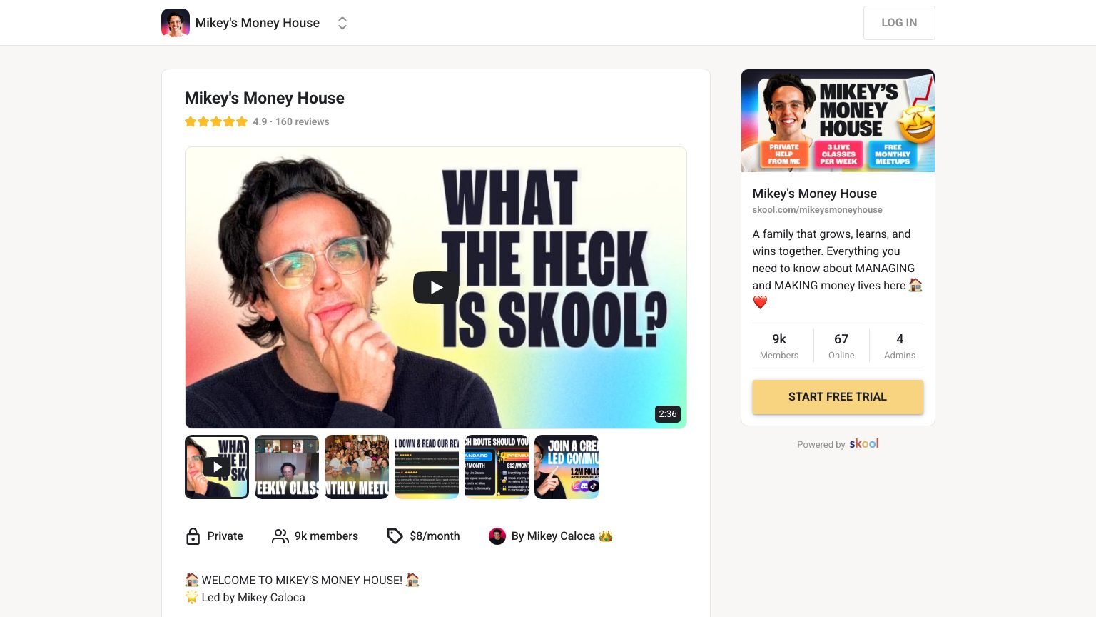 The Mikey's Money House About page on Skool showing the free trial button and 9,043 members