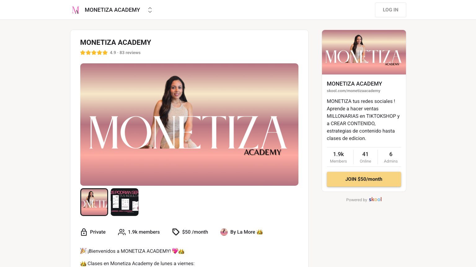 The MONETIZA ACADEMY About page on Skool showing the $50 monthly join button and 1,987 members