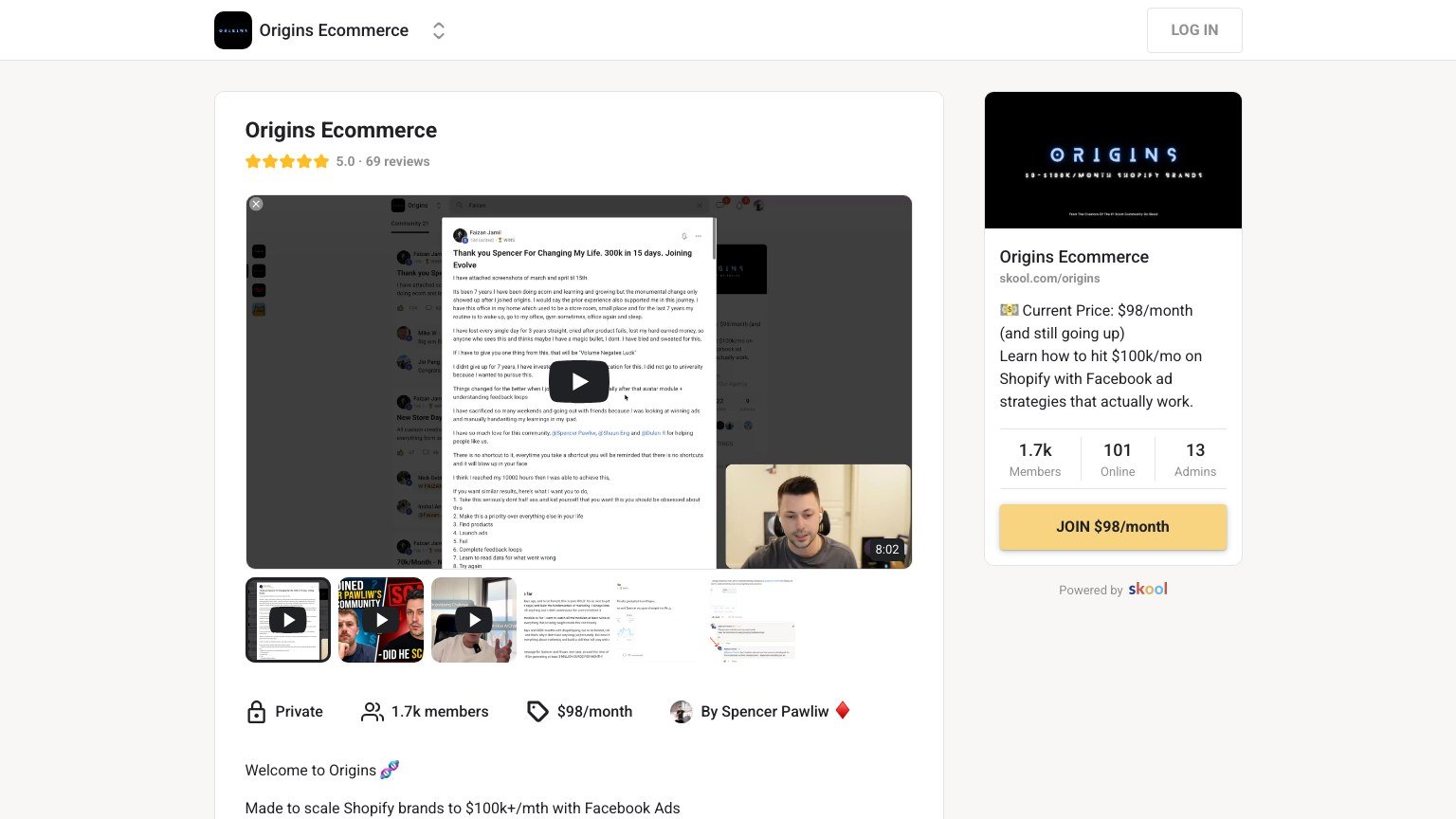 The Origins Ecommerce About page on Skool showing the $98 monthly price and coach list