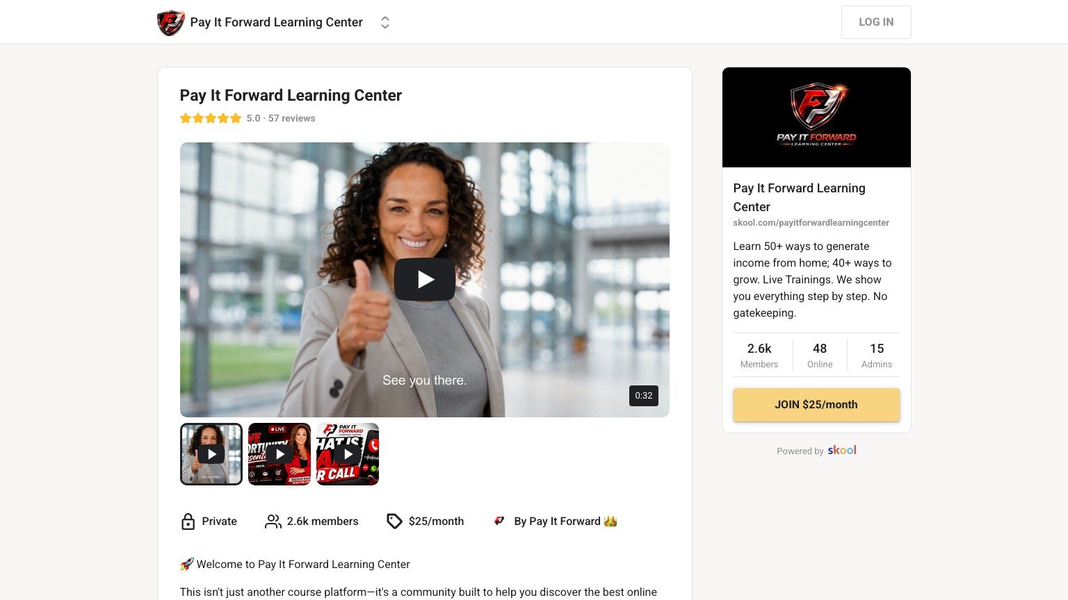 The Pay It Forward Learning Center About page on Skool showing the $25 monthly join button