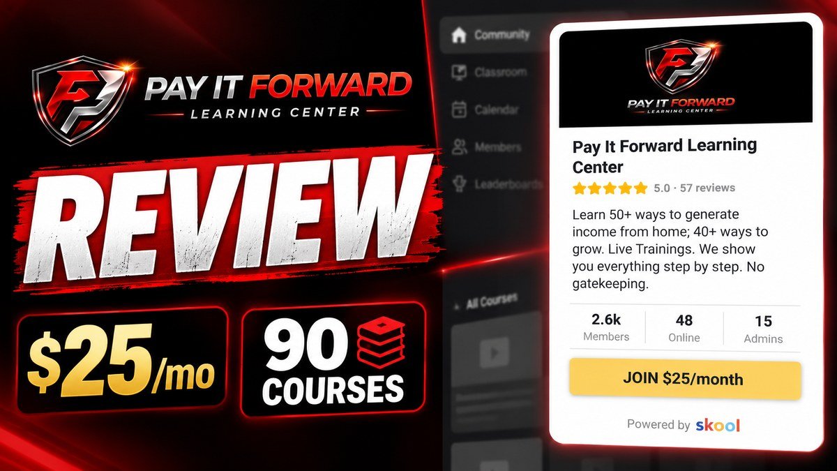 Pay It Forward Learning Center review 2026, work from home training Skool community dashboard