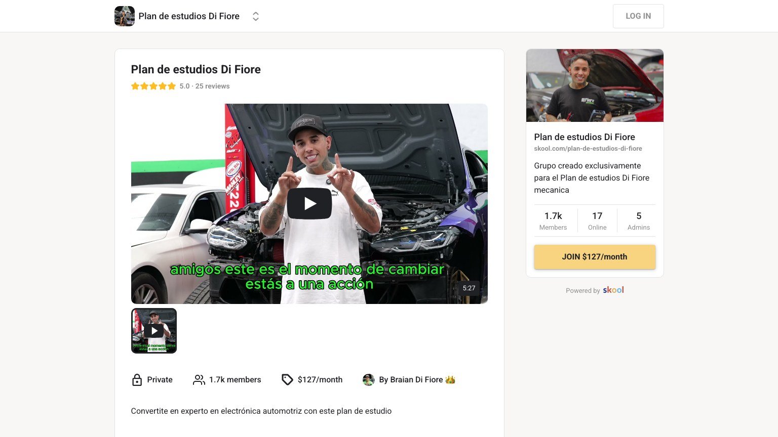 The Plan de estudios Di Fiore About page on Skool showing the $127 monthly join button in Spanish
