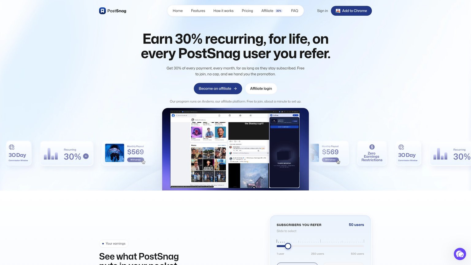 PostSnag affiliate program page detailing 30% commissions with an earnings slider