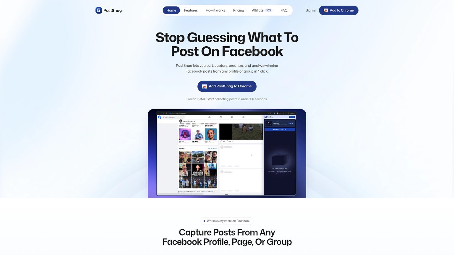 PostSnag homepage showing its one-click Facebook post capture Chrome extension for building a swipe file
