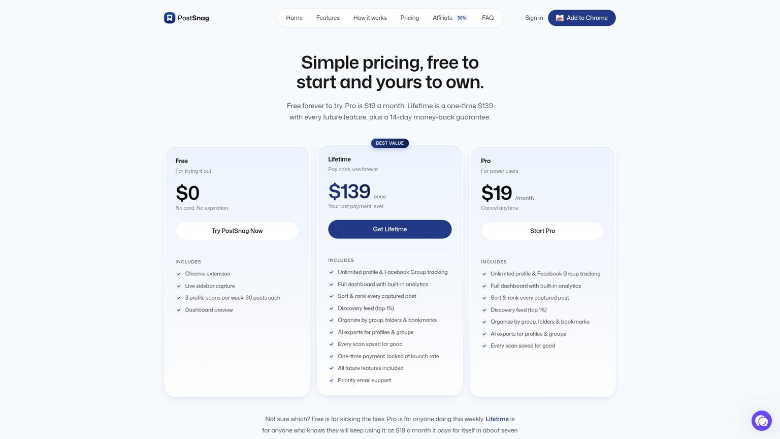 PostSnag pricing page comparing the Free, $19/month Pro, and $139 Lifetime plans side by side