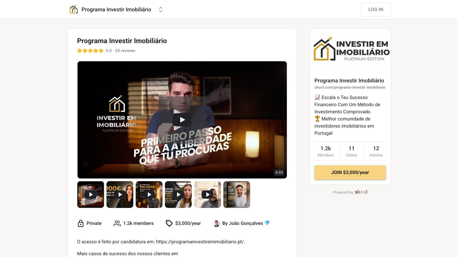 The Programa Investir Imobiliário About page on Skool showing the annual price and Portuguese description