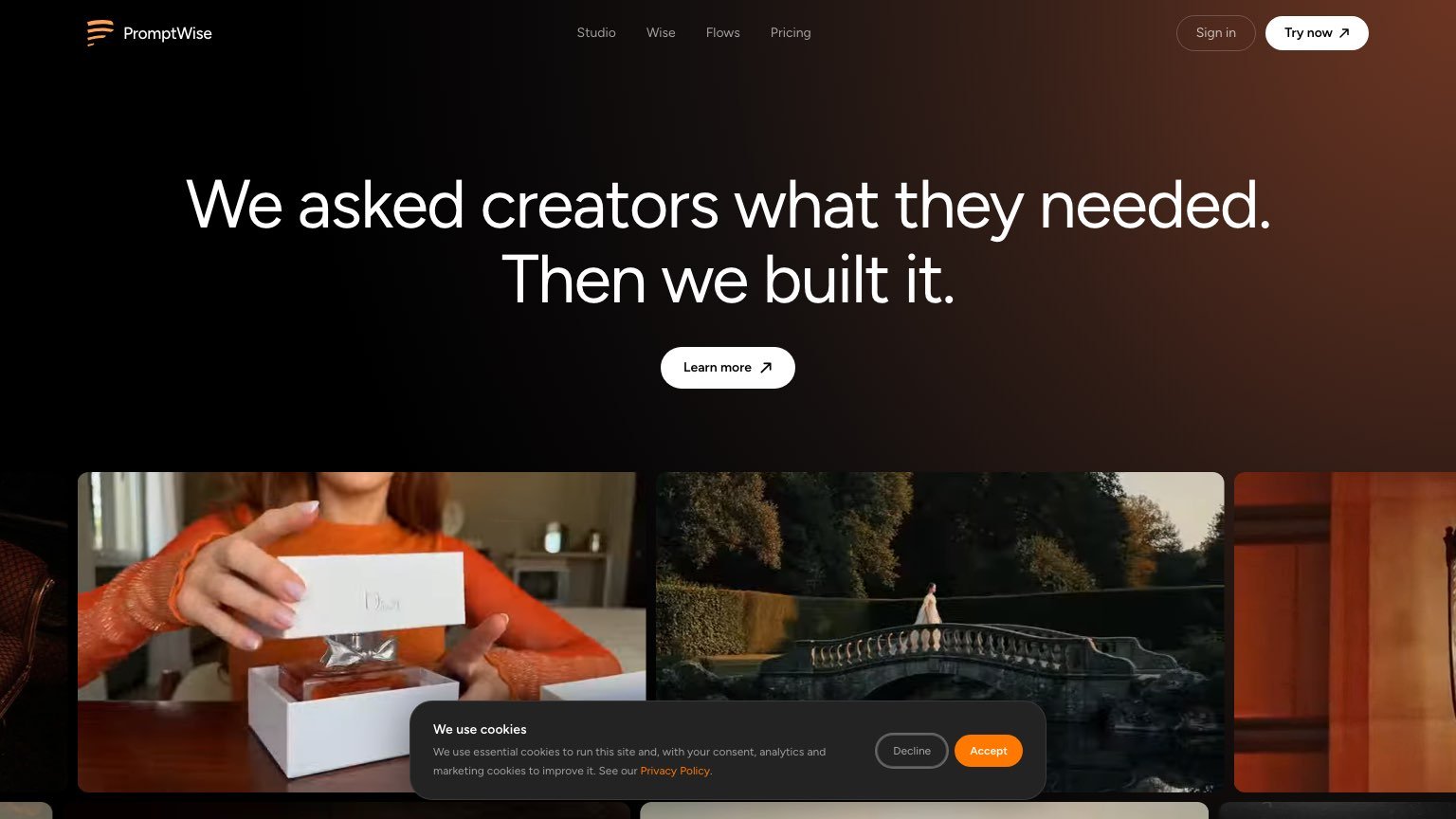 PromptWise homepage — AI creative studio with 19+ models in one platform