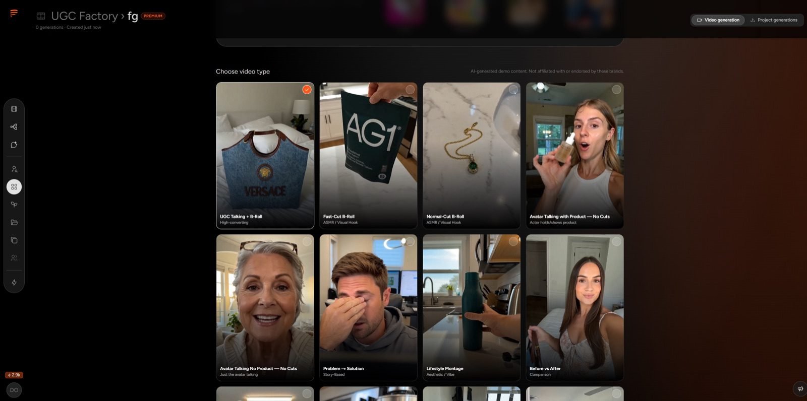 PromptWise AI UGC Factory — pre-built video ad templates including UGC talking head, fast-cut B-roll, and before-vs-after comparison