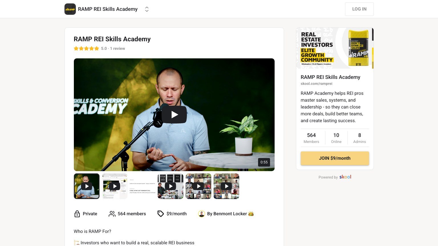 The RAMP REI Skills Academy About page on Skool showing the $9 monthly join button
