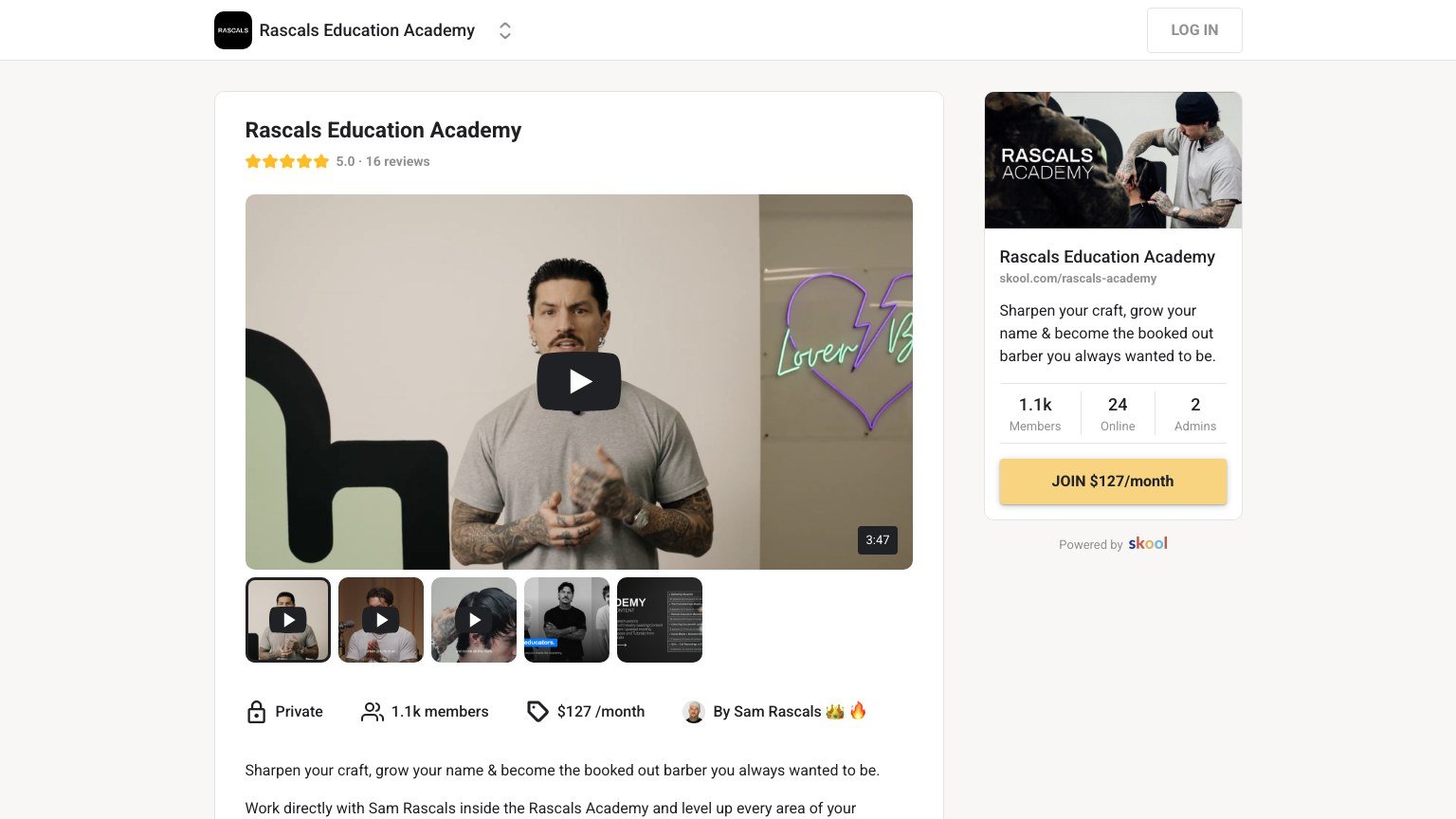 The Rascals Education Academy About page on Skool showing 1,100 members and a $127 monthly join button