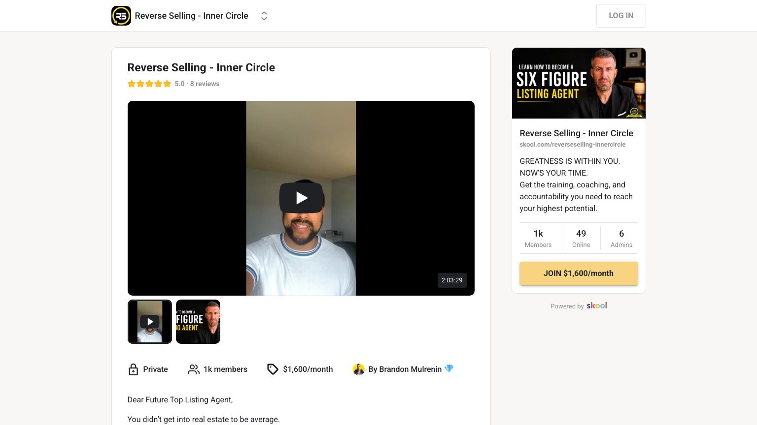 The Reverse Selling Inner Circle About page on Skool showing the $1,600 monthly price