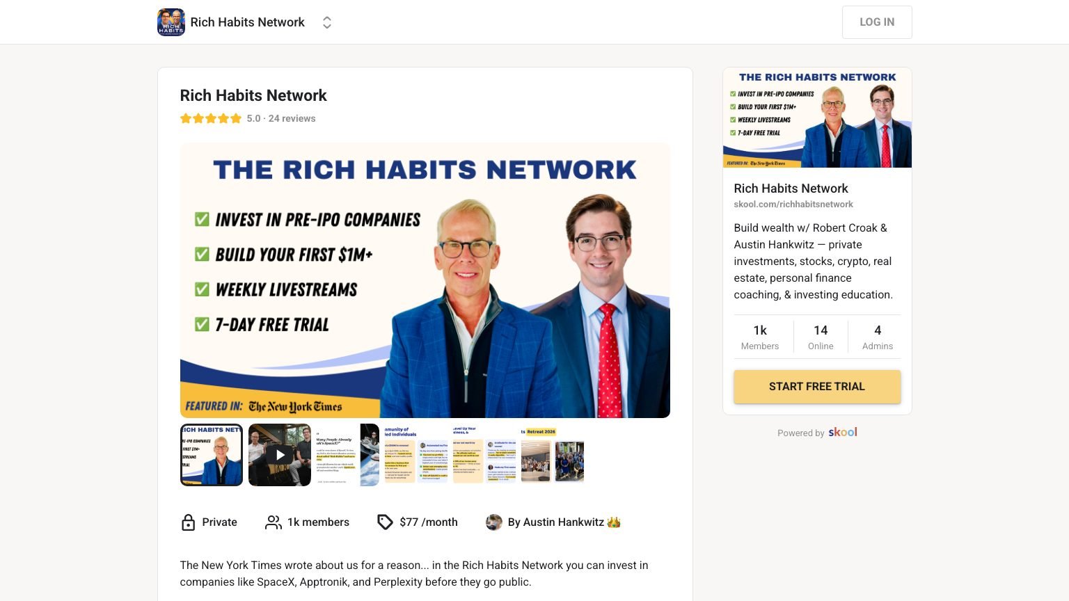The Rich Habits Network About page on Skool showing the free trial button and member count