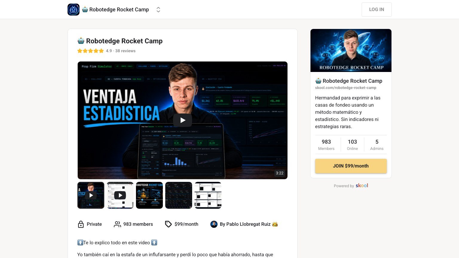 The Robotedge Rocket Camp About page on Skool showing the $99 monthly join button