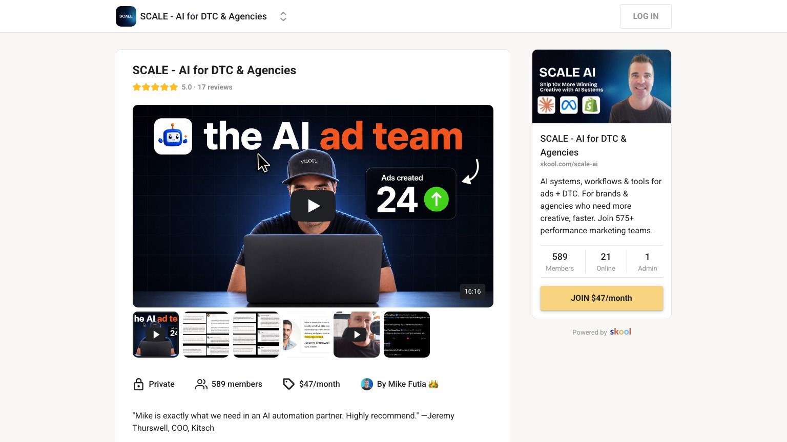 The SCALE AI for DTC and Agencies About page on Skool showing the $47 price, member count and feature list
