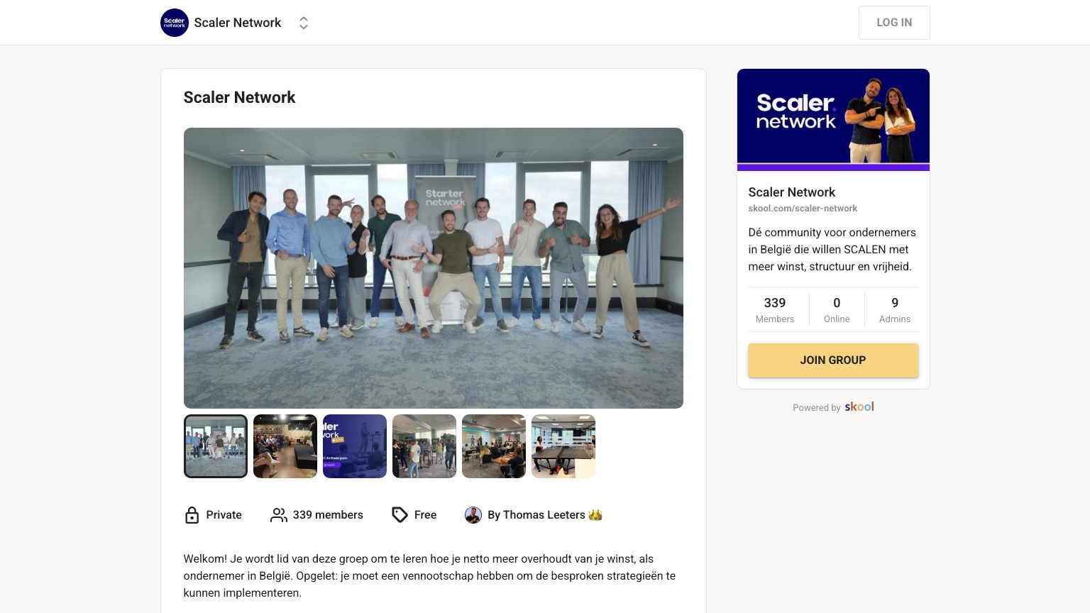 The Scaler Network About page on Skool showing the JOIN GROUP button with no price