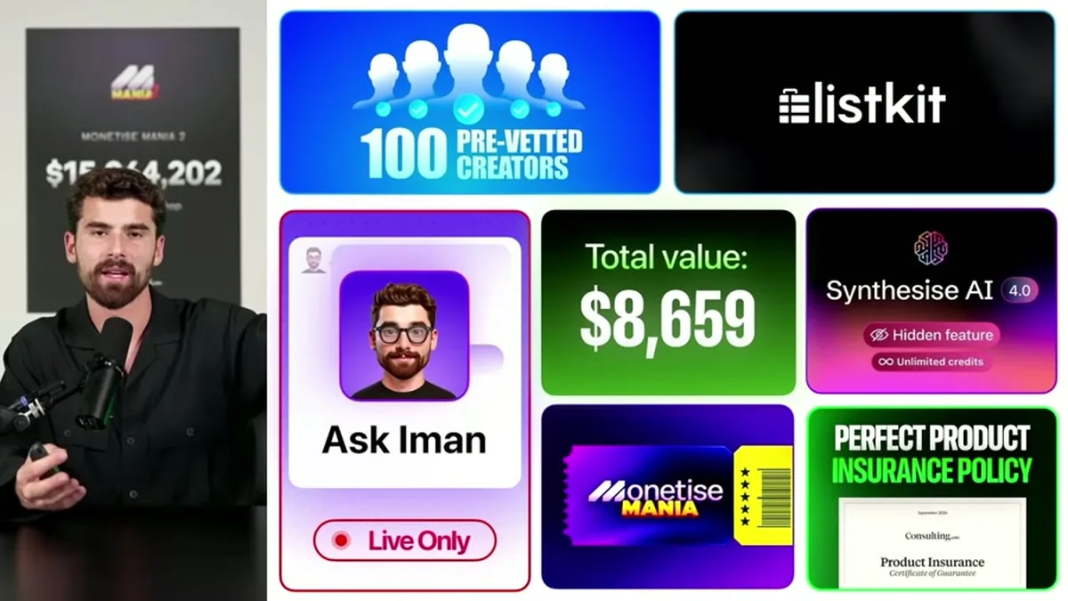 Monetise bonus stack shown on 8 September 2026: 100 pre-vetted creators, ListKit, Ask Iman marked Live Only, Synthesise AI, Monetise Mania and the Perfect Product Insurance Policy, above a total value of $8,659