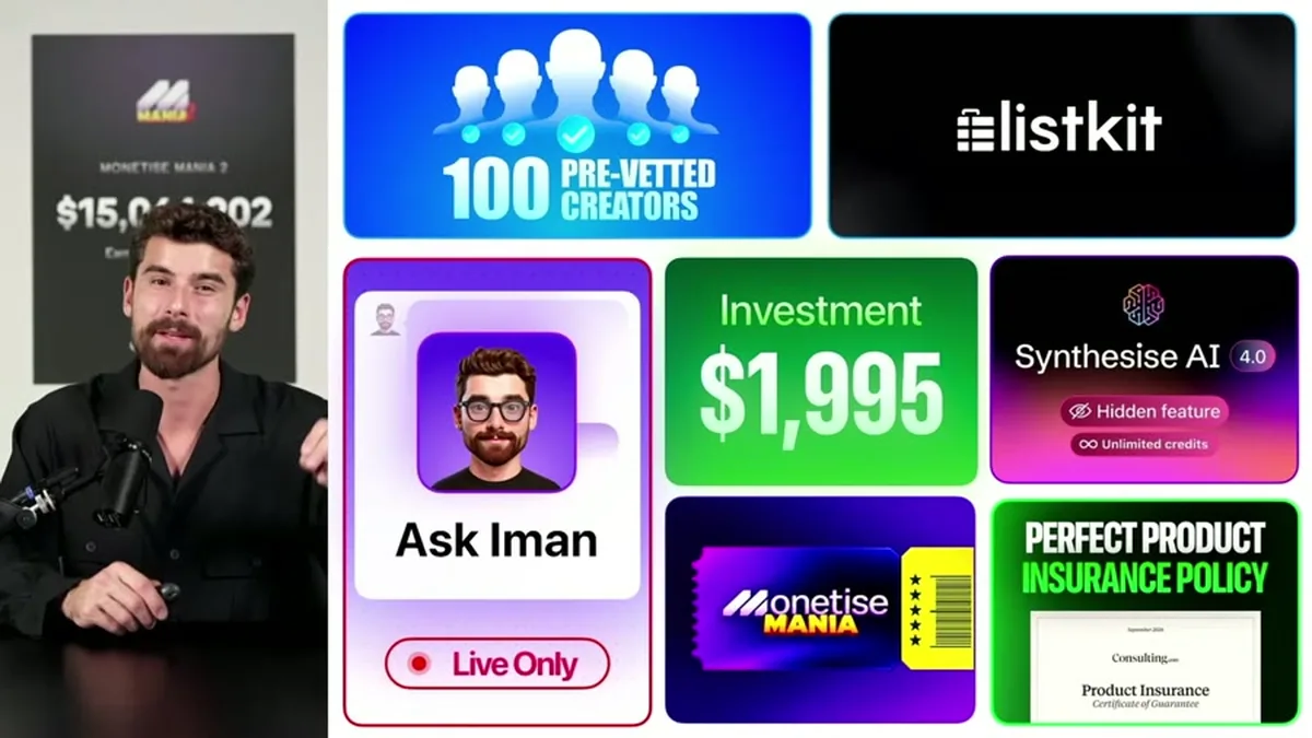 Monetise offer graphic from the 8 September session with the centre tile reading Investment $1,995, surrounded by the bonus stack tiles
